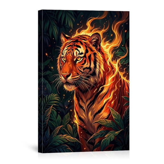Fiery Tiger Jungle Wildlife Majestic Flaming Animal Intense Big Cat Portrait Canvas