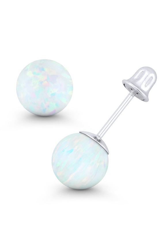 Fiery White Synthetic Opal Ball Bell-Type Screwback Stud Earrings in 14k White Gold