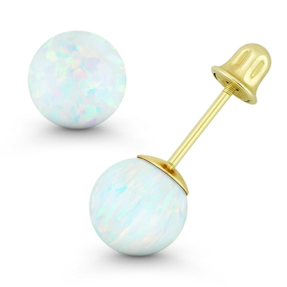 Fiery White Synthetic Opal Bell-Type Screwback Stud Earrings in 14k Yellow Gold