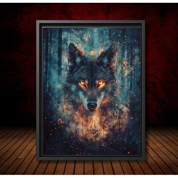 Fiery Wolf Fantasy Wall Art Dark Forest Animal , Gothic Home Decor, Glowing Eyes Black Wolf Artwork Or Unframed Paper Print