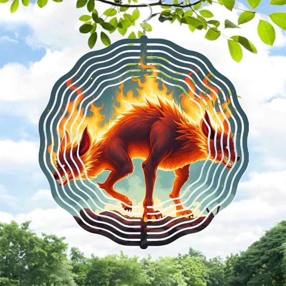 Fiery Wolf Metal Hanging Wind Spinner - Vibrant Orange & Red Design Circular Frame Perfect for Yard & Garden Decor