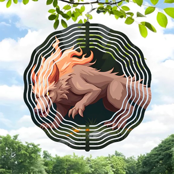Fiery Wolf Metal Wind Spinner - Dynamic Design with Concentric Lines Perfect for Yard & Garden Decor Unique Wind Chime