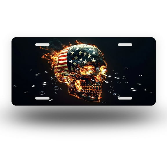 Fiery patriotic skull Front License Plate, Metal License Plate, Funny Standard Plates Personalized Novelty Decorative For Men/Women/Boys/Girls Car 6×12 Inch