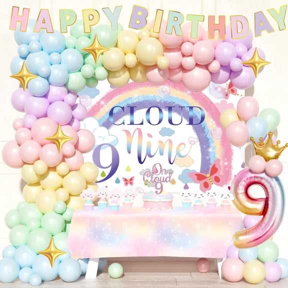 Fiesec on Cloud 9 Birthday Decorations for Girl - 124 PCs Cloud Themed Nine Birthday Party Supplies with Backdrop, Balloon Garland, Banner, Tablecloth, Cake Topper, Cupcake Topper Y101
