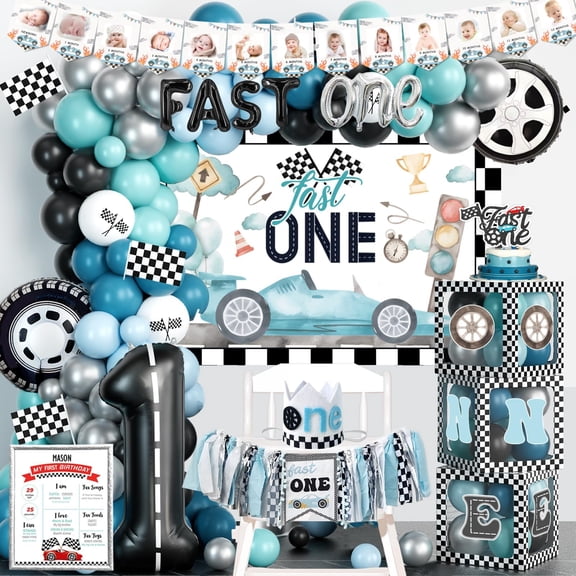Fiesec Fast One Birthday Decorations for Boys, 1st Birthday Decorations Boy, Vintage Car Themed Backdrop Balloon Banner Boxes Crown Poster for Retro Blue First Party Supplies Y114