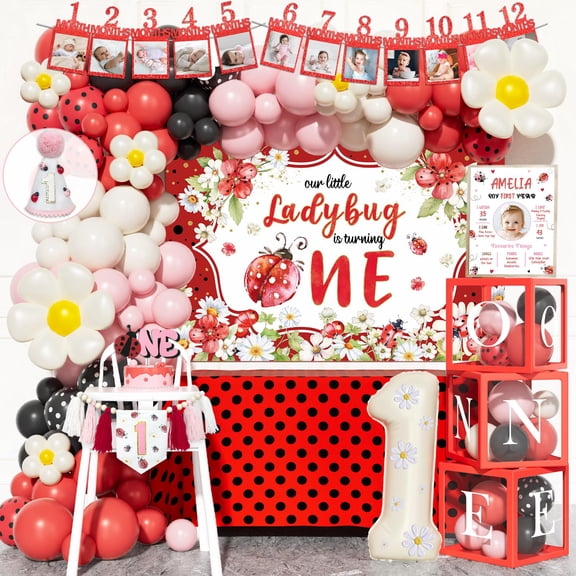 Fiesec Ladybug First Birthday Party Decorations - 107 PCs Lady Bug Themed 1st Party Supplies with Our Little Ladybug is Turning One Backdrop, Red and Black Balloon Garland, Cake Topper Y101