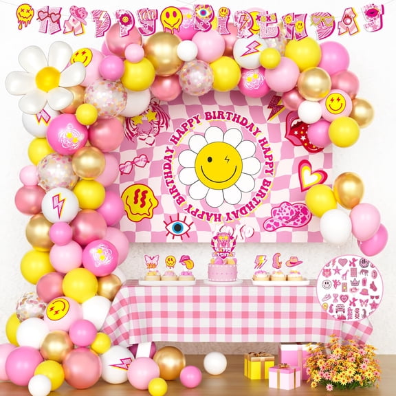 Fiesec Preppy Birthday Decorations - Y2K Smiley Face Party Pack, Pink & Yellow Backdrop Banner, Balloon Garland, Tablecloth, Cake & Cupcake Toppers, Stickers & Cutouts A101