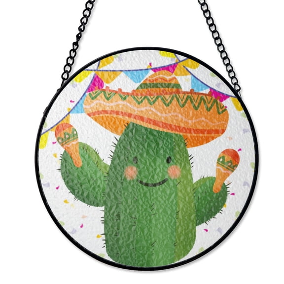 Fiesta Cactus Party Scene Suncatcher Stained Glass Style UV Printed Glass Mexican Theme Decor Round