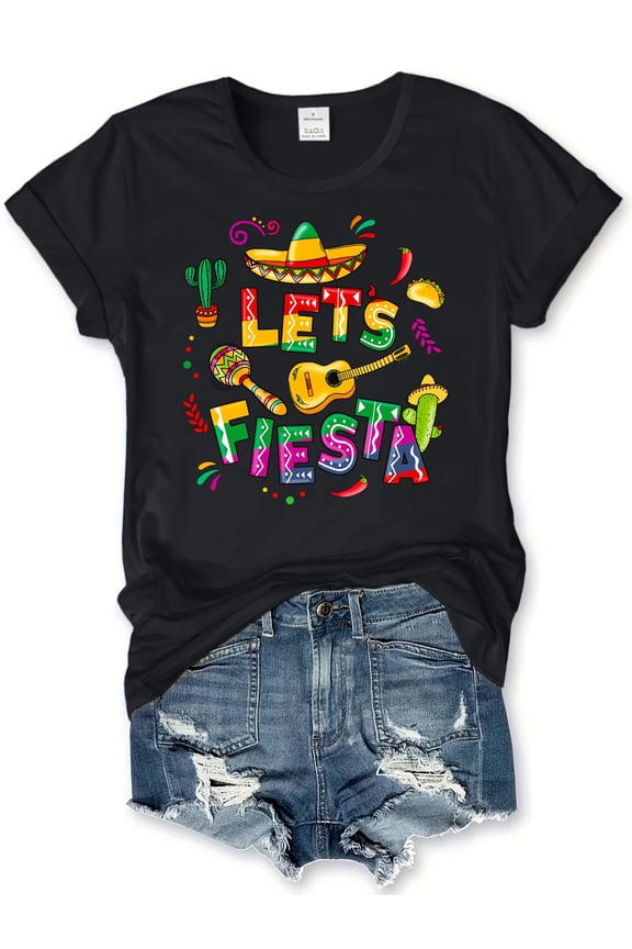 Let's Fiesta Cinco de Mayo Graphic T-Shirt for Women, Colorful Mexican Party Theme Short Sleeve Tee, Retro Summer Casual Top with Sombrero and Guitar Design