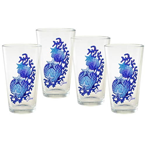 Fiesta Coastal Shells 16oz Tapered Cooler Glasses - Set Of 4, Lead-Free Glass With Seashell Design