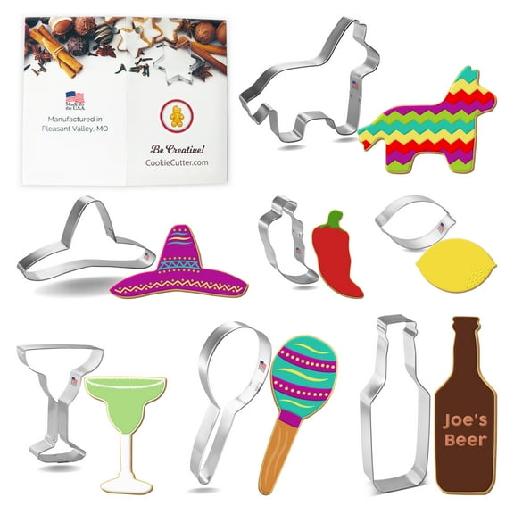 Fiesta Cookie Cutter 7 Pc Set HS0434 - 4 in Margarita Glass, 4.75 in Pinata, 2.75 in Lemon, 4.75 in Sombrero, 5.5 in Maraca, 3 in Chili Pepper, 6 in Beer Bottle