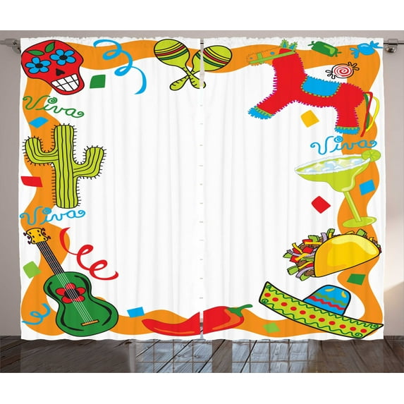 Ambesonne Fiesta Curtains 2 Panel Set, Cartoon Party Items, 108" x 90", Multicolor
