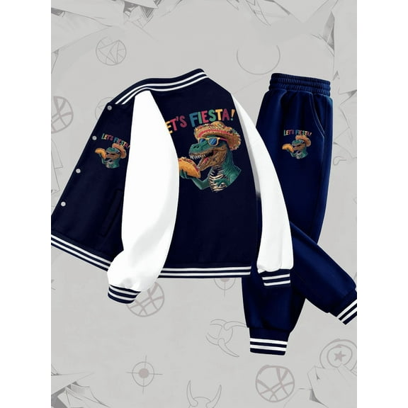 Let's Fiesta Dino Varsity Jacket set funny boy black polyester School Uniform, Daily Wear, Parties, Comfortable Teen Apparel For Daily & Outdoor Wear plain beige beige Christmas 3 to 10 years old
