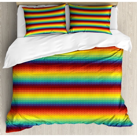 Fiesta Duvet Cover Set King Size, Mexican Inspired Colorful Chevron Zigzags Three Dimensional Pattern Tribal Culture, Decorative 3 Piece Bedding Set with 2 Pillow Shams, Multicolor, by Ambesonne