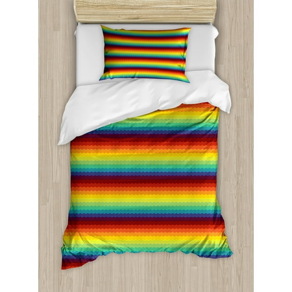 Fiesta Duvet Cover Set Twin Size, Mexican Inspired Colorful Chevron Zigzags Three Dimensional Pattern Tribal Culture, Decorative 2 Piece Bedding Set with 1 Pillow Sham, Multicolor, by Ambesonne