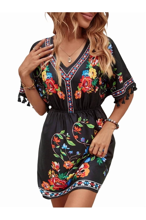 Fiesta Embroidered Mexican Dress for Women Beach Vacation Plus Size Short Sleeve Summer Boho Dresses with Pocket Black L