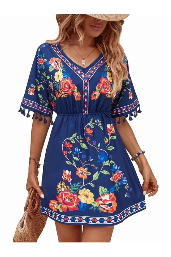 Fiesta Embroidered Mexican Dress for Women Beach Vacation Plus Size Short Sleeve Summer Boho Dresses with Pocket Blue M