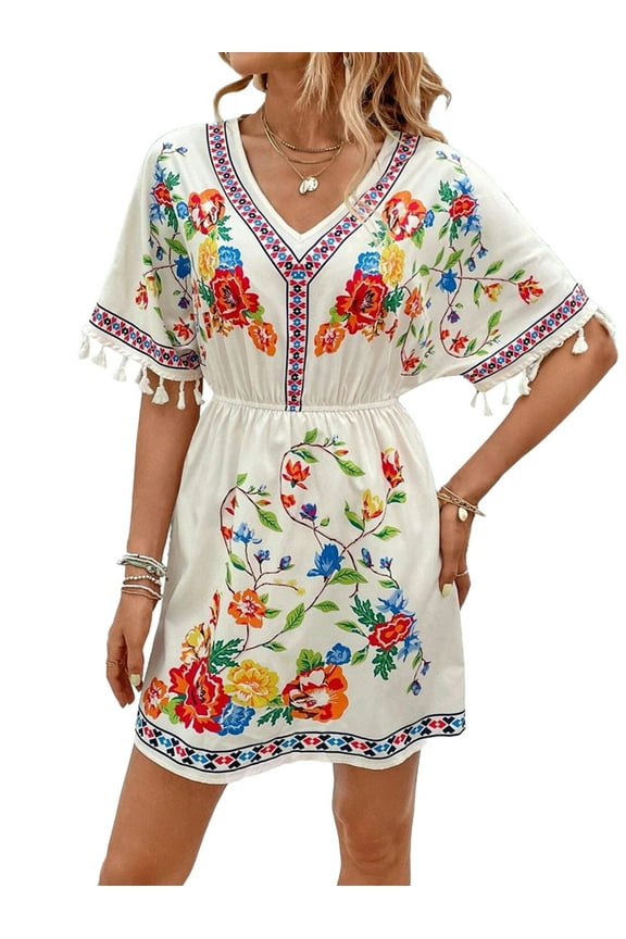 Fiesta Embroidered Mexican Dress for Women Beach Vacation Plus Size Short Sleeve Summer Boho Dresses with Pocket White M