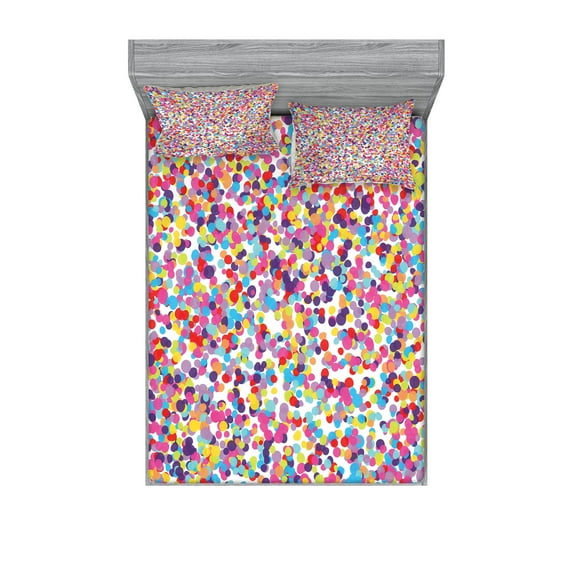 Fiesta Fitted Sheet & Pillow Sham Set, Round Rainbow Colored Pattern Celebratory Party Illustration Abstract, Decorative Printed 6 Piece Bedding Decor Set, Full, Multicolor, by Ambesonne