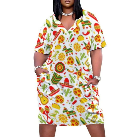 Fiesta Fun Colorful Mexican Pattern Women's Loose Short Sleeve Dress Casual Summer Plus Size Long Dresses with Pockets
