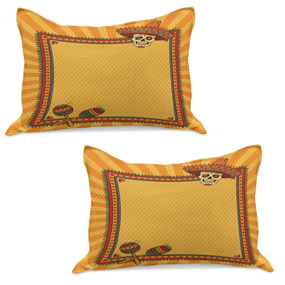 Fiesta Knitted Quilt Pillowcover Set of 2, Frame Pattern with Skull Sombrero and Maracas Mexican Elements Geometric, Standard Queen Pillow Sham Bedroom, 30" x 20", Marigold Red Green, by Ambesonne