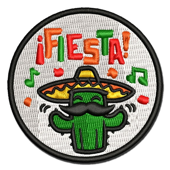 Fiesta Party Cactus with Sombrero Applique Multi-Color Embroidered Iron-On Patch - 3 Inch Medium
