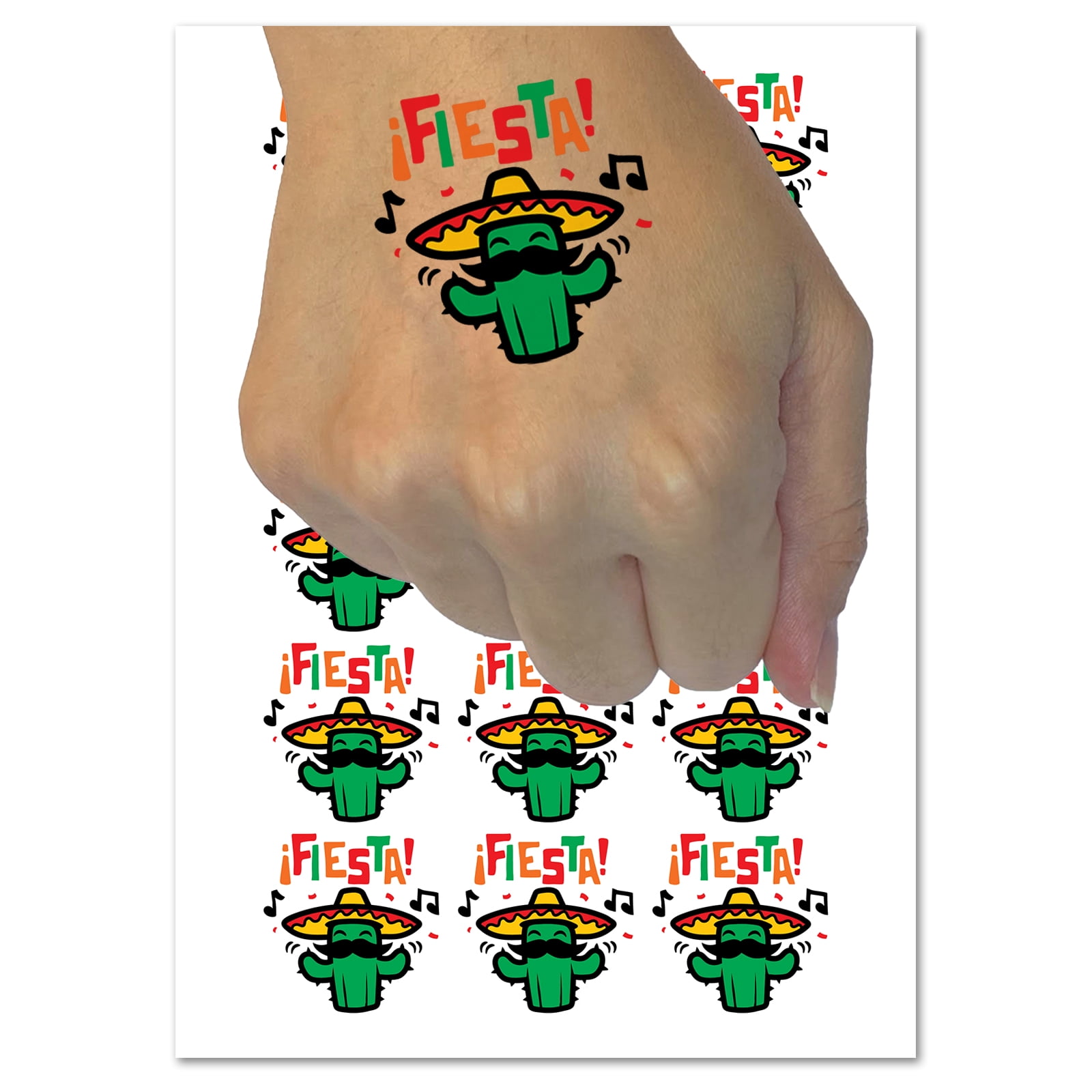 Fiesta Party Cactus with Sombrero Water Resistant Temporary Tattoo Set ...