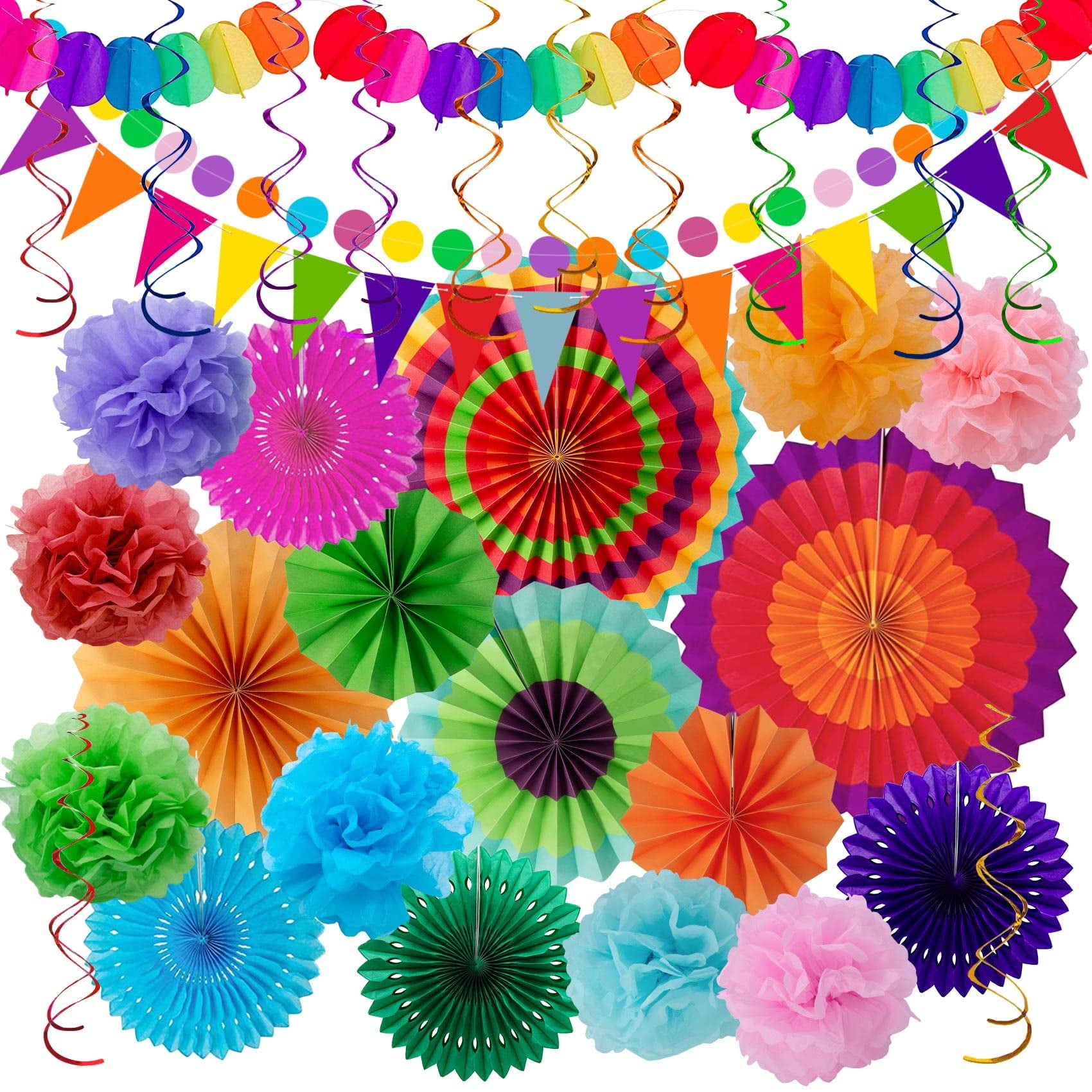 Fiesta Party Decorations - 33pcs Colorful Mexican Themed Hanging Paper Fans, Rainbow Paper Pom Poms, Fiesta Bunting and Tissue Paper Streamers for Birthday, Festival, and Rainbow Parties