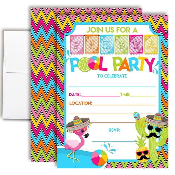 Fiesta Pool Party Birthday Invitations for Kids, 20 Fill-In Cards with Envelopes, 5x7 Children's Party Invitations, Birthday Party Supplies, Made in USA by Amanda Creation