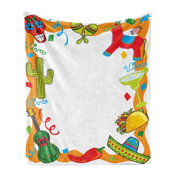Fiesta Soft Flannel Fleece Throw Blanket, Cartoon Drawing Style Mexican Pinata Taco Chili Pepper Sugar Skull Pattern Guitar, Cozy Plush for Indoor and Outdoor Use, 50" x 60", Multicolor, by Ambesonne