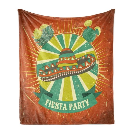 Fiesta Soft Flannel Fleece Throw Blanket, Latin America Culture Inspired Sombrero and Cactuses Worn, Cozy Plush for Indoor and Outdoor Use, 50" x 60", Yellow Green Seafoam, by Ambesonne