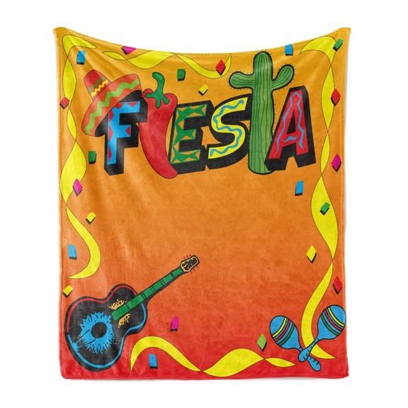 Fiesta Soft Flannel Fleece Throw Blanket, Latino Pattern with Swirled Stripe Frame with Musical Instruments Design, Cozy Plush for Indoor and Outdoor Use, 50" x 70", Multicolor, by Ambesonne