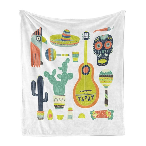 Fiesta Soft Flannel Fleece Throw Blanket, Mexico Guitar Face Aztec Tequila Skull Musical Instruments Taco, Cozy Plush for Indoor and Outdoor Use, 70" x 90", Multicolor, by Ambesonne