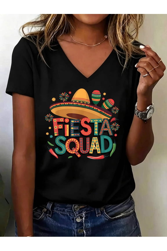 Fiesta Squad Cinco De Mayo Mexican Fiesta For Men Women V Neck T-Shirt Cotton Women's V Neck Graphic Tee, Casual Short Sleeve Shirt,Vacation Outfit