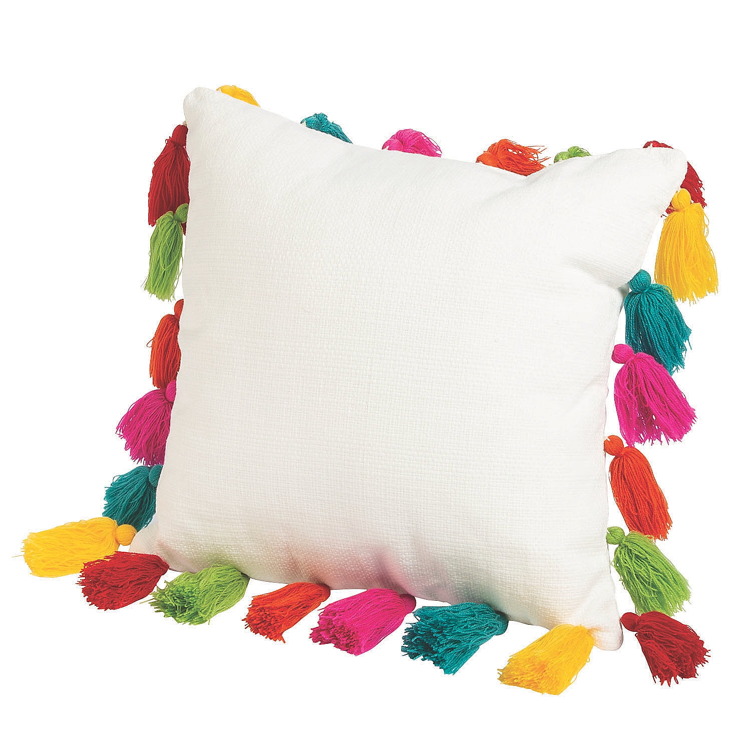 White Cotton Square Pillow with Multicolor Tassels