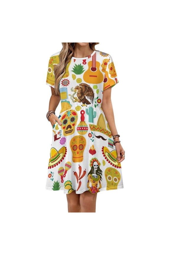 Fiesta Time! Mexican Icons Dress Fashion Beach Short Sleeve Dresses Female Party Printed Sundress