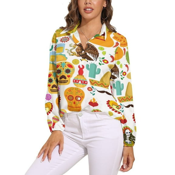 Fiesta Time! Mexican Icons Long Sleeve Blouse Woman Streetwear Casual Shirts Summer Oversize Woman Streetwear Clothing Birthday Present