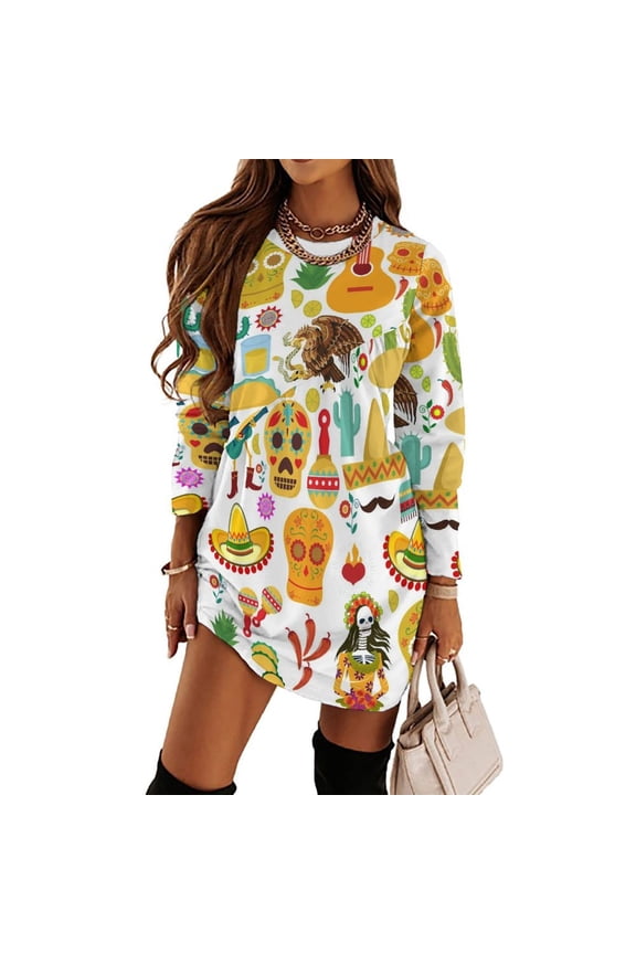 Fiesta Time! Mexican Icons Loose Dress Evening Dress Summer Dresses for Women Luxury Dress Long Sleeved Dress