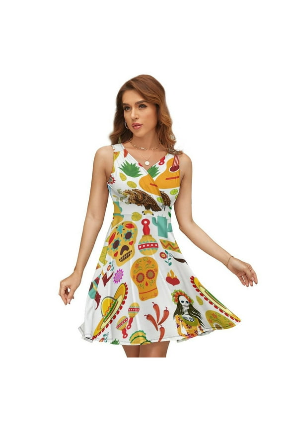 Fiesta Time! Mexican Icons Women's Tank Dress V Neck Sleeveless Summer Sundress