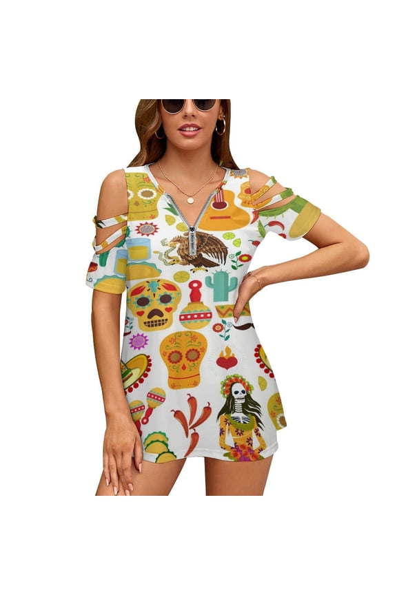 Fiesta Time! Mexican Icons Womens Summer V Neck Zipper Top Short Sleeve T Shirt Off Shoulder Top Casual Classy Loose Shirts
