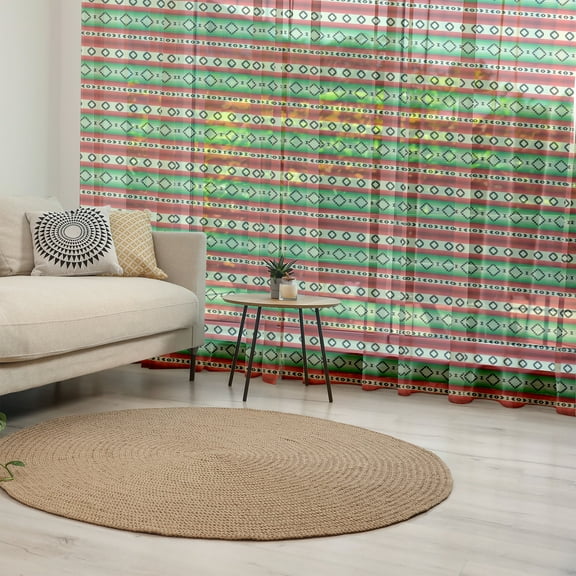 Fiesta Tulle Curtains with Rod Pocket, Mexican Blanket Geometric Pattern Stripes Rhombuses Arrangement, Sheer Drape for Wedding Party 2 Panels, 7 Sizes, Green Vermilion Cream, by Ambesonne