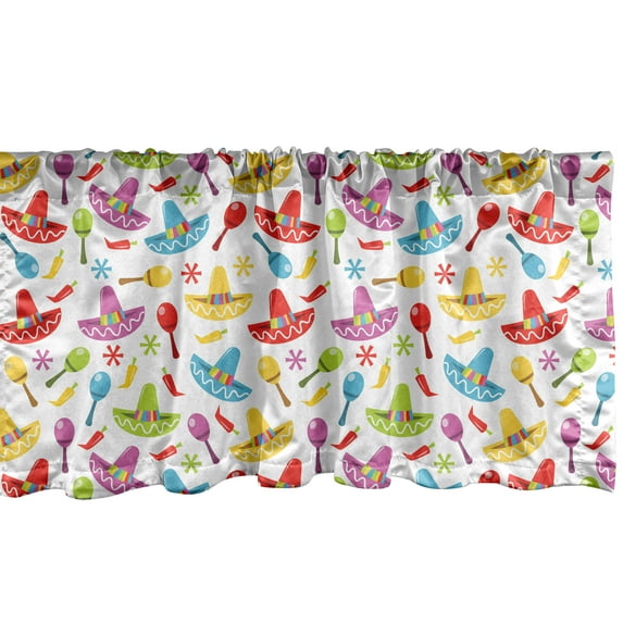 Fiesta Window Valance Pack of 2, Abstract Sombrero and Maracas Pattern Geometric Star Design Colorful Illustration, Rod Pocket Curtain Valances for Kitchen Bedroom, 54" X 18", Multicolor, by Ambesonne