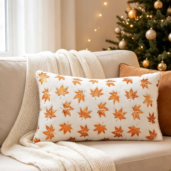 Fievgin 12x20" Maple Leaf Fall Pillow Covers, Soft White Thanksgiving Throw Pillow Cases for Farmhouse Sofa Bed Home Decor