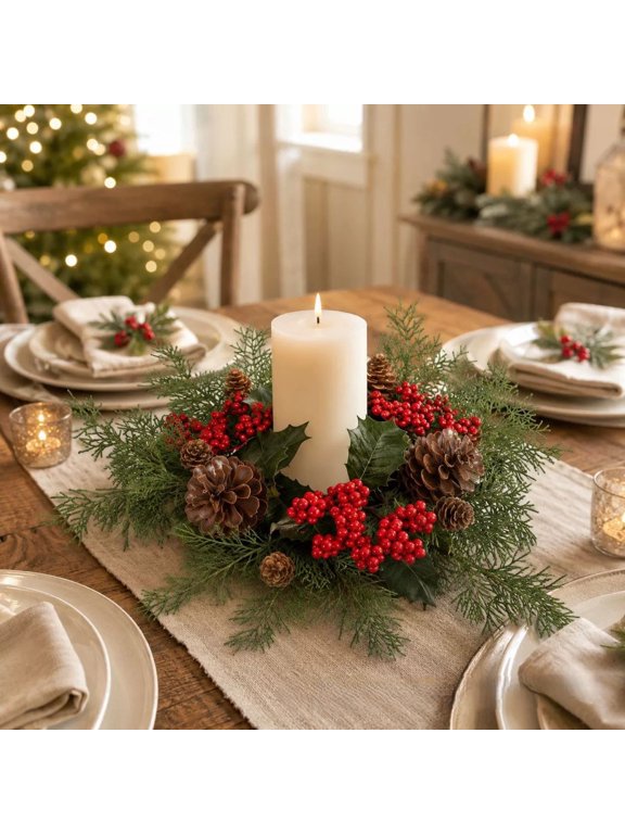 14in Christmas Candle Ring Artificial Pine Wreath with Red Berries Pinecones for Table Centerpiece Door Wall