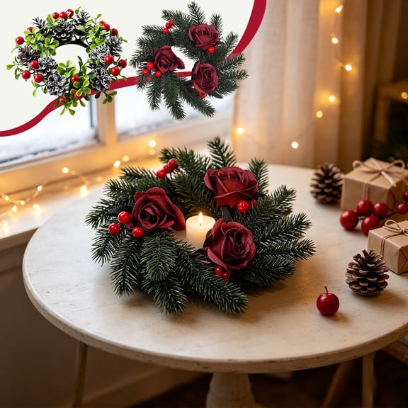 Fievgin 9.8" Christmas Candle Ring Artificial Pine Wreath with Deep Red Roses for Holiday Table Centerpiece, Elegant Winter Home Decor