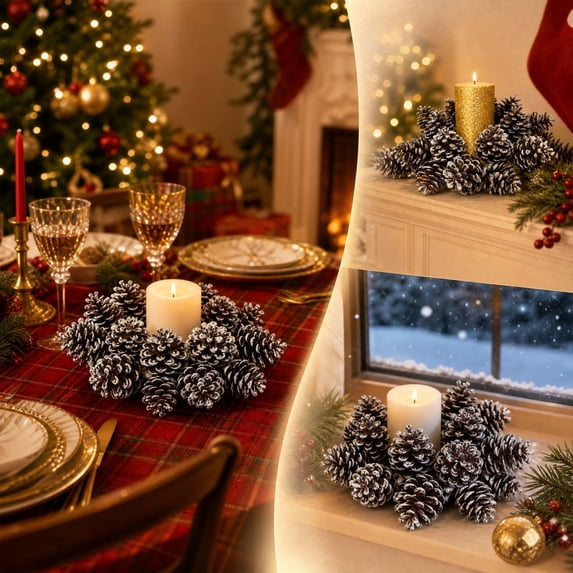 Fievgin Christmas Candle Rings, Artificial Snowy Pinecone Small Wreath for Holiday Table Centerpiece