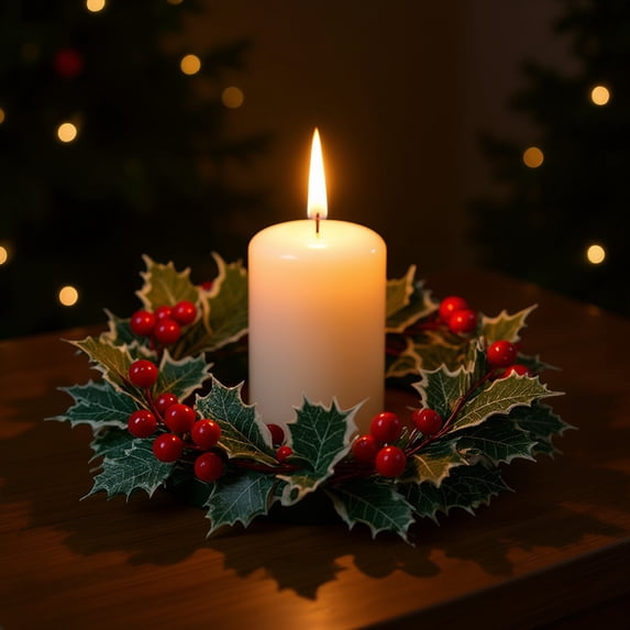 Fievgin Christmas Candle Rings Wreaths, Winter Greenery Pillar Ring Holder with Berries for Table Centerpiece Cabinets Wedding