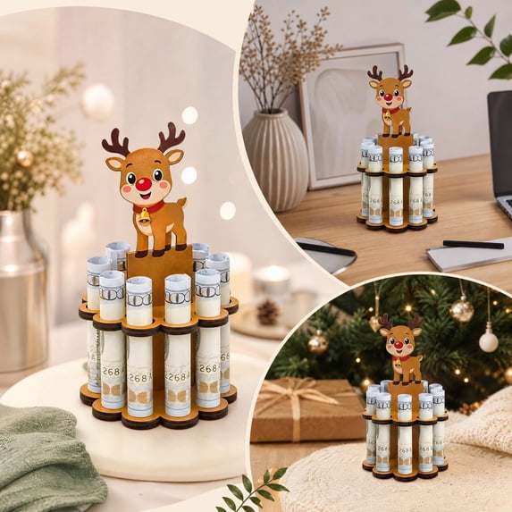 Fievgin Christmas Money Holder Reindeer Wooden Cash Cake Stand Multi-Layer Money Display Rack for Table Decor