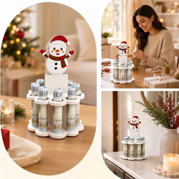 Fievgin Christmas Money Holder Snowman Wooden Cash Cake Stand Multi-Layer Money Display Rack for Table Decor