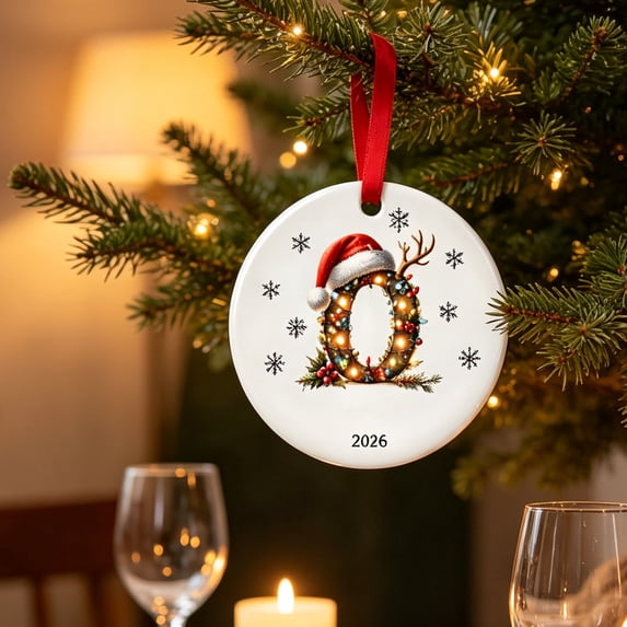 Fievgin Christmas Ornament 2026, Letter O Initial Decoration with Santa Hat for Tree & Gift